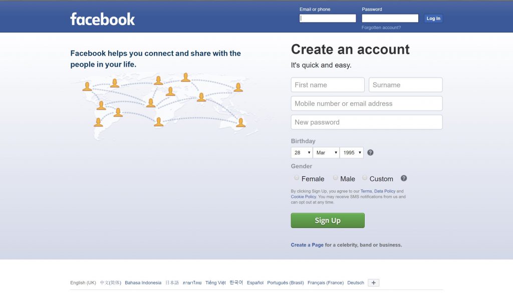 Facebook login page